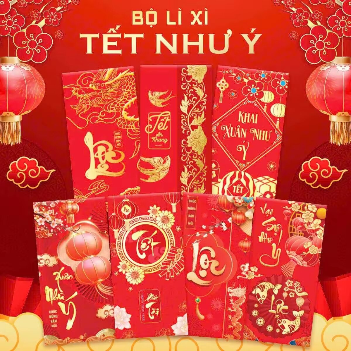 Set 10 bao Lì Xì Tết Như Ý_Cát Tường. Màu Đỏ Sang Trọng Kèm Lời Chúc May Mắn, Lì Xì Tết #SolarVN