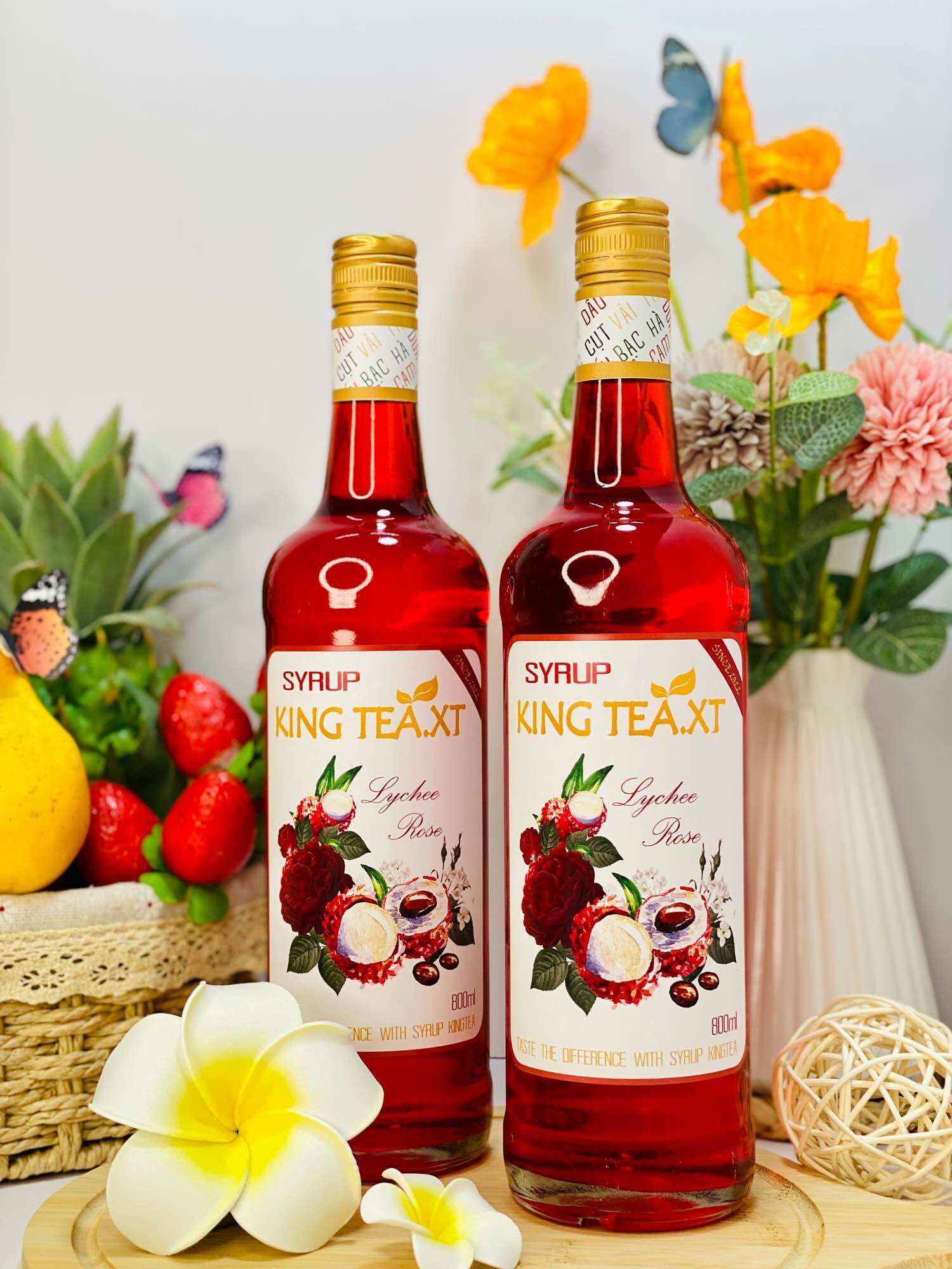 Syrup Vải Hoa Hồng Pha Chế (Syrup Lychee Rose)KINGTEA.XT- Chai thủy tinh 800ml