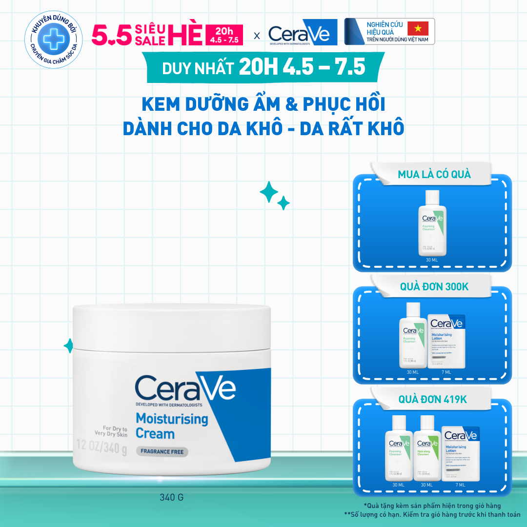 Kem dưỡng ẩm phục hồi sâu và ẩm mịn suốt 48H dành cho da khô, duy trì hàng rào bảo vệ da CERAVE MOISTURISING CREAM 340G