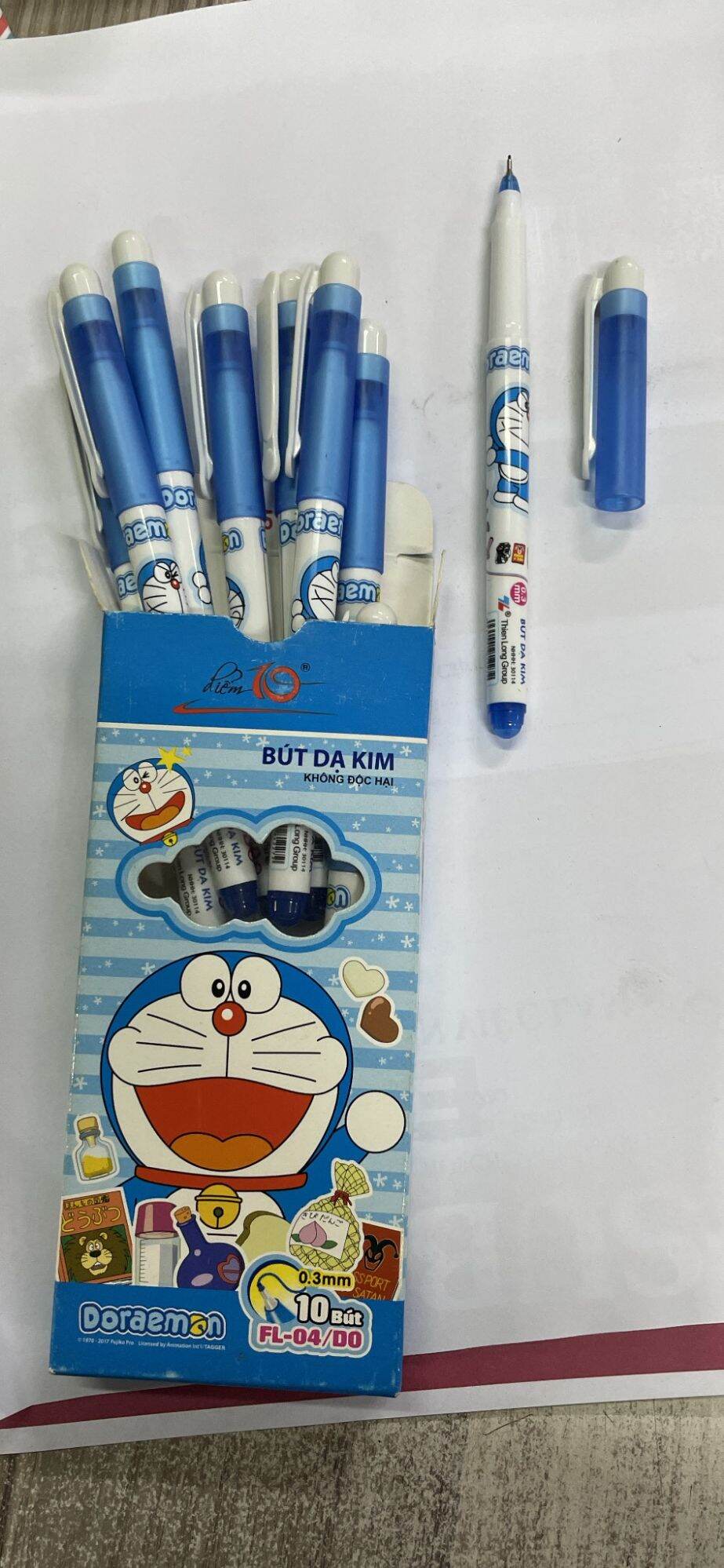 Hộp 10 cây bút lông kim mực xanh, thân viết hình Doremon, Thiên Long FL-04, hộp 10 cây,