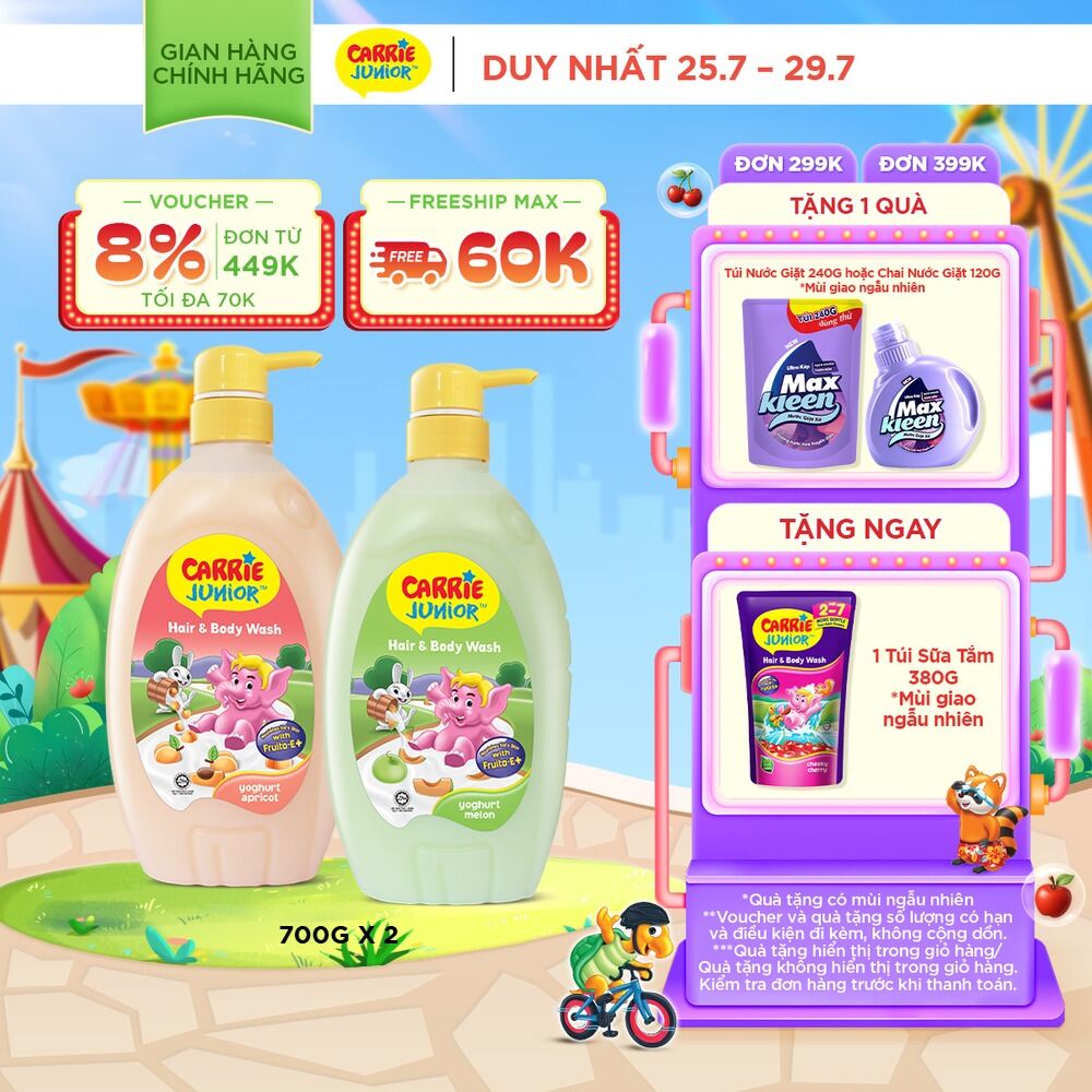 Combo 2 Chai Sữa Tắm Gội Cho Bé Carrie Junior chiết xuất trái cây thiên nhiên Yoghurt Hương Dưa Lưới + Hương Mơ Tây ( 700g x 2)