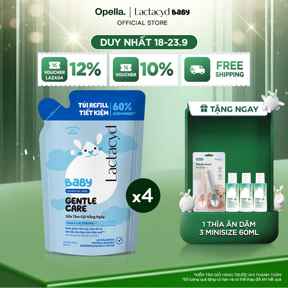 Bộ 4 Túi Refill - Sữa Tắm Gội Trẻ Em Lactacyd Baby Gentle Care Bảo Vệ Dịu Nhẹ Cho Làn Da Nhạy Cảm 400ml