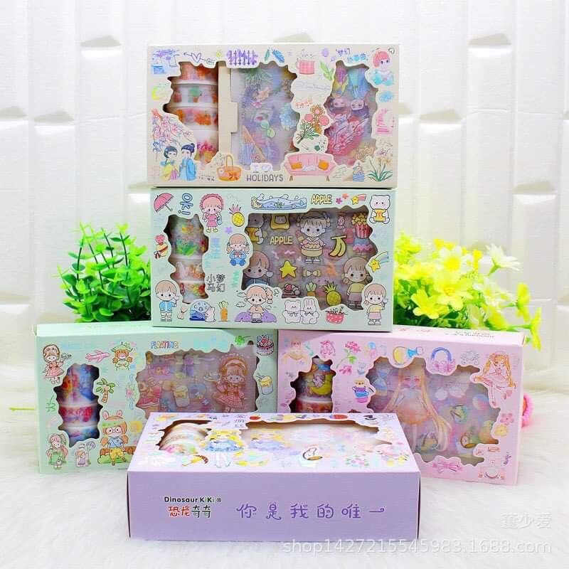 Hộp 10 tấm sticker+3 cuộn washi