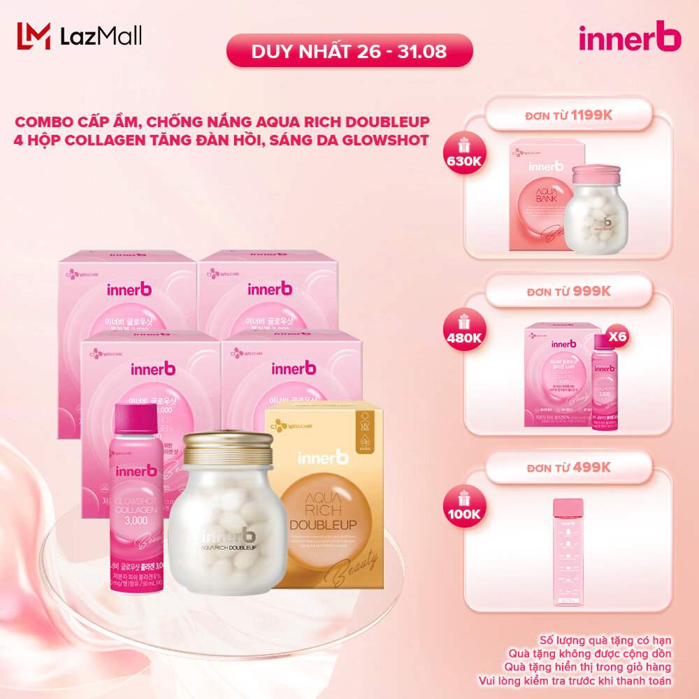 Bộ 4 Hộp Collagen InnerB Glowshot (50mlx6) & AQUA RICH DOUBLEUP (giúp giữ ẩm da sáng mịn từ Axit Hyaluronic) lọ 56 viên
