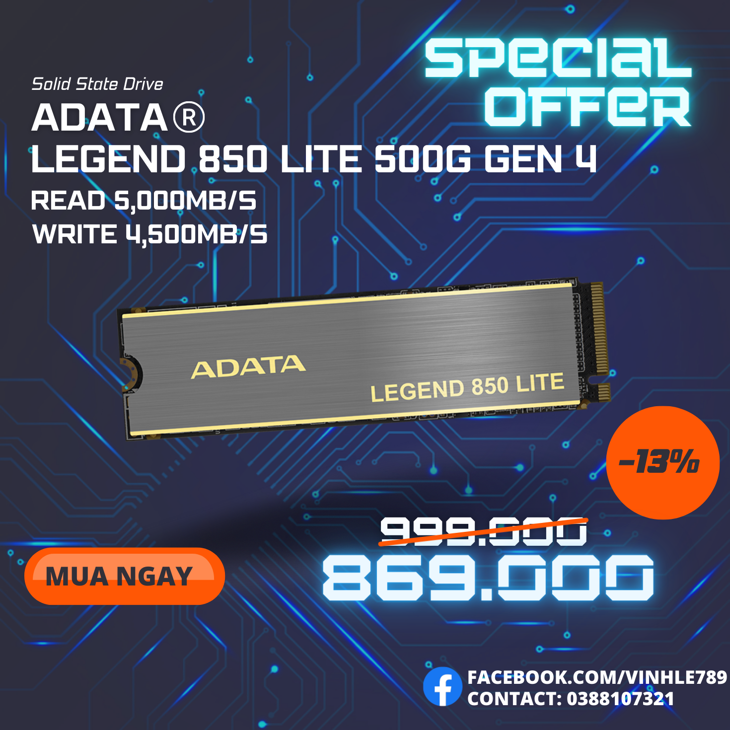 Ổ cứng SSD ADATA LEGEND 850 LITE 500GB Gen4 x4 M.2 2280 Đoc 5000MB s, Ghi