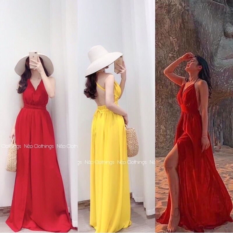 Đầm maxi voan đỏ vàng cột dây lưng xẻ tà đi biển du lịch