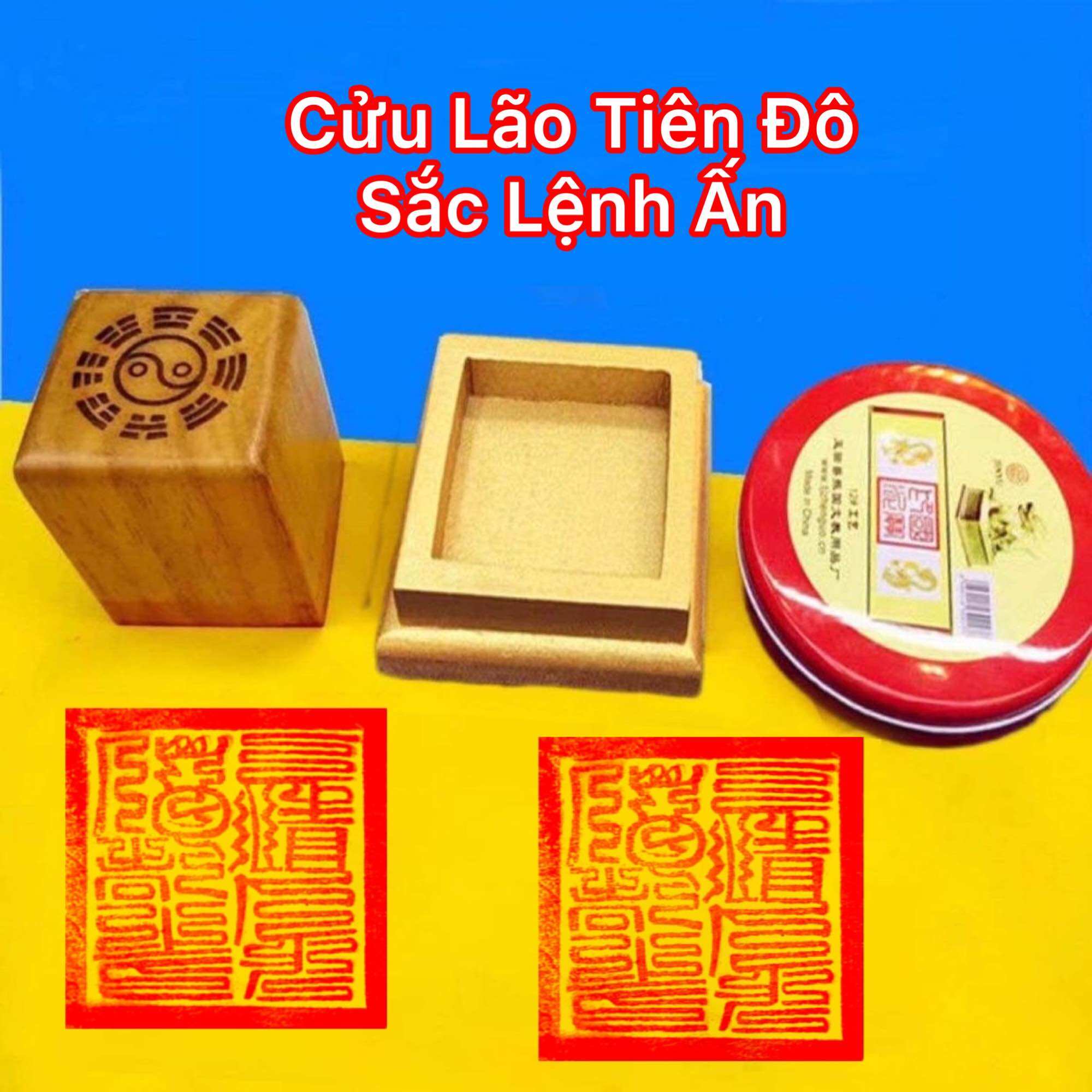 Ấn gỗ đào Cửu Lão Tiên Đô tặng kèm đế đựng và hộp triện chu sa