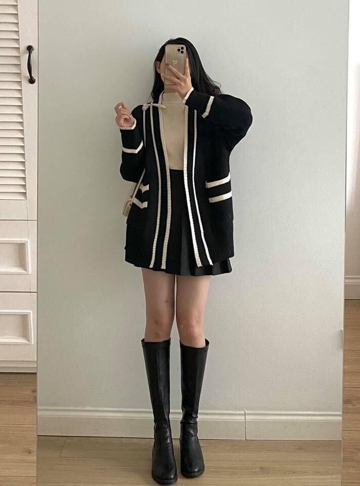 Áo Khoác Cadigan Len Viền Đen Trắng Basic Siêu Hot
