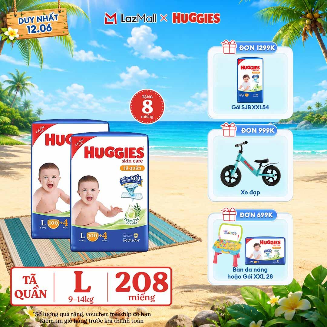 [Chỉ 22-24.06 GIẢM THÊM 90K]  Combo 2 Gói Tã/bỉm quần HUGGIES SKINCARE MEGA JUMBO size L100+4 miếng