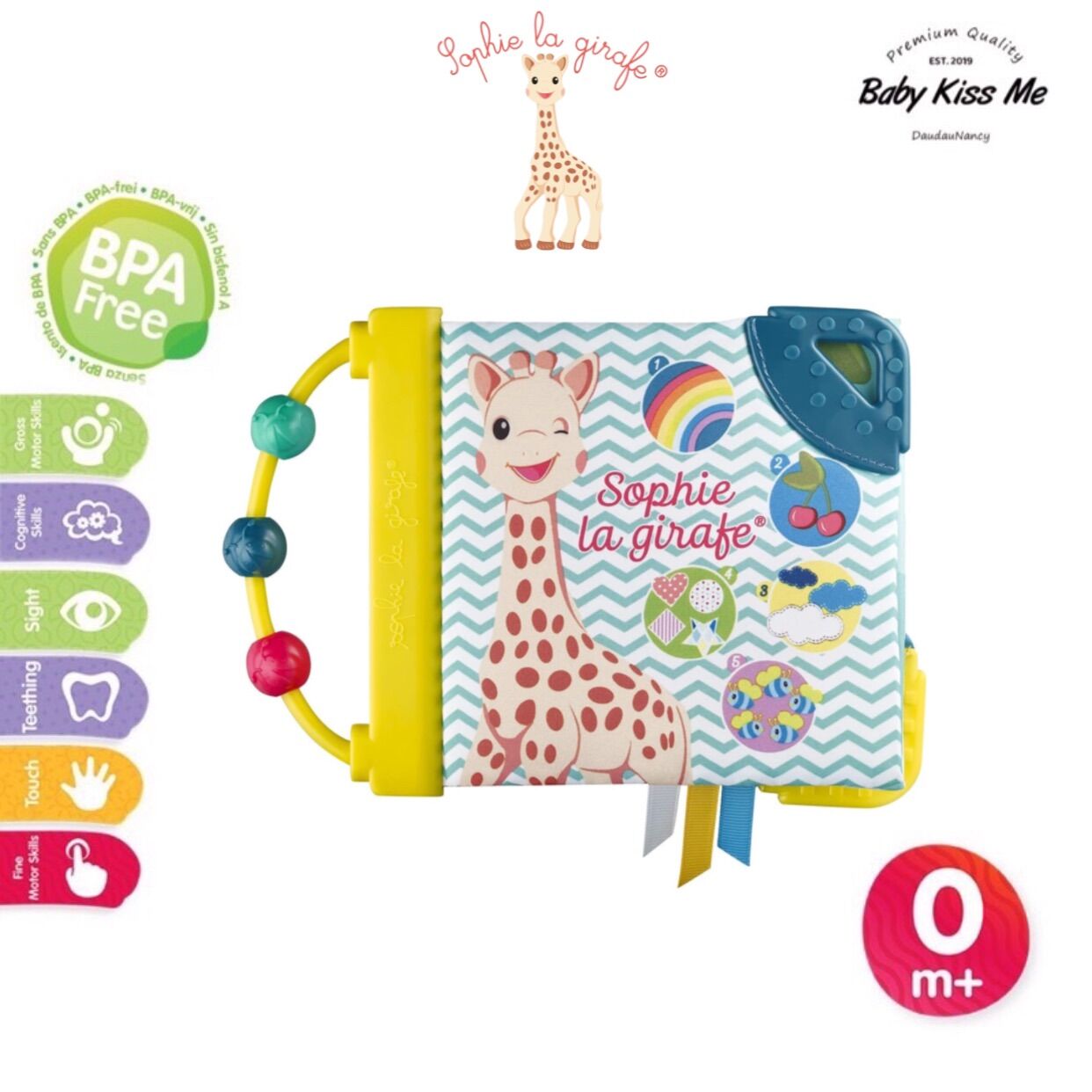 Sách vải tương tác kèm gặm nướu đồ chơi giáo dục cho bé - soft book sophie by sophie la girafe