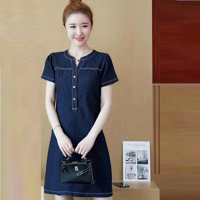 Đầm suông jean cổ V vai nhúng thanh lịch