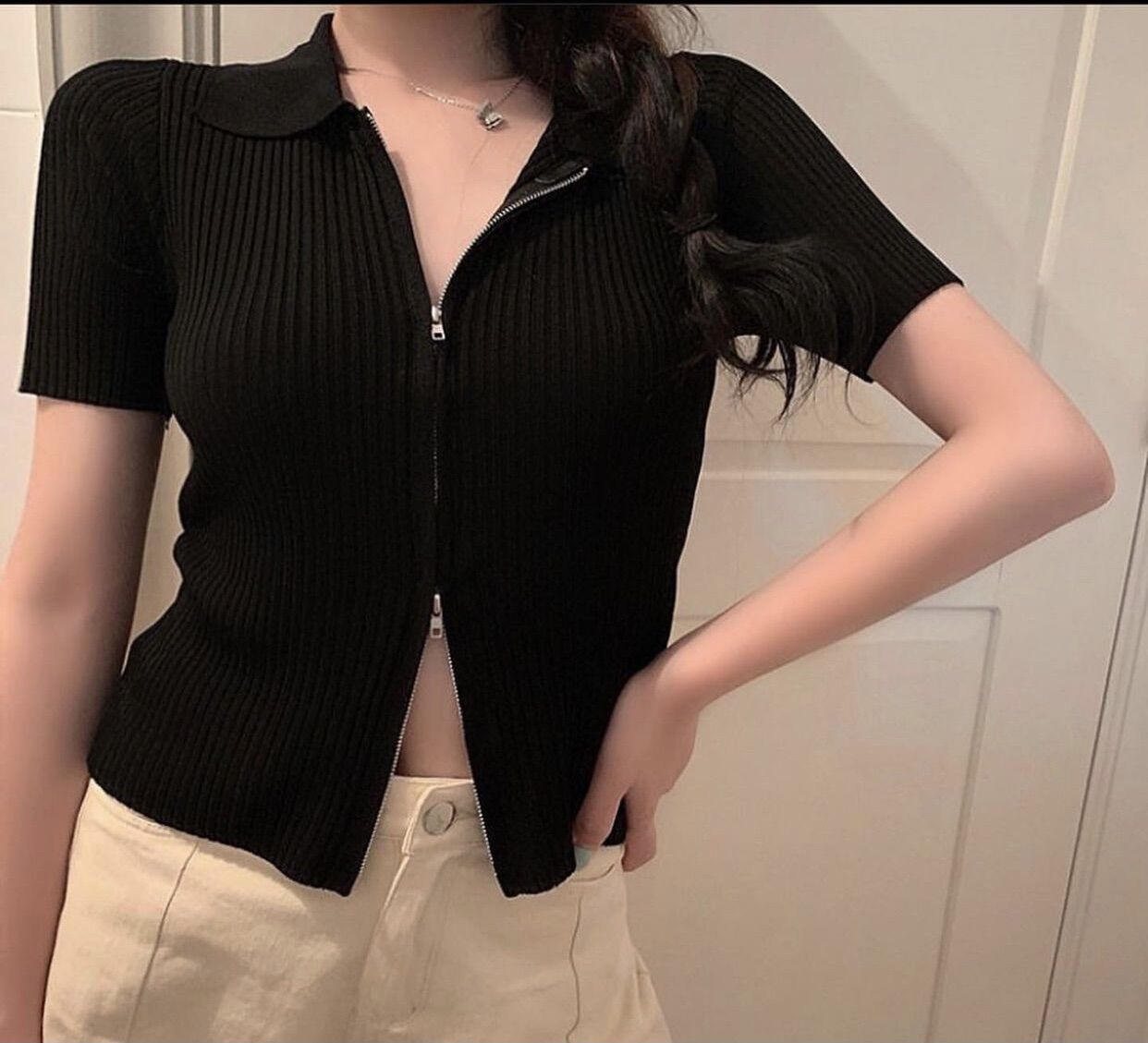 Áo Croptop Gân Dây Kéo Sexy