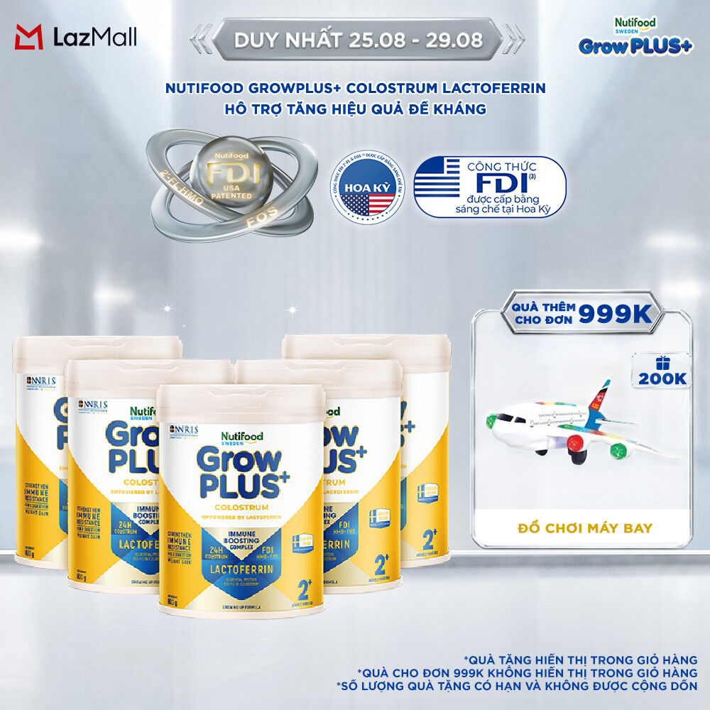 Combo 5 Sữa bột Nutifood Sweden GrowPLUS+ Colostrum Lactoferrin 2+ 800g