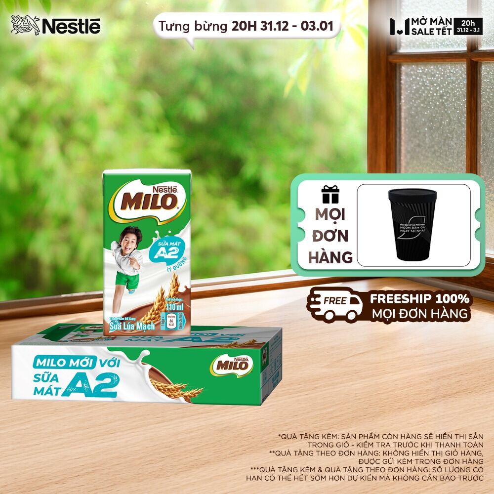   ƯU ĐÃI THÁNG 1   FREESHIP TOÀN QUỐC  Thùng Sữa Lúa Mạch Nestle MILO A2 MỚI 48 hộp  4x110ml  