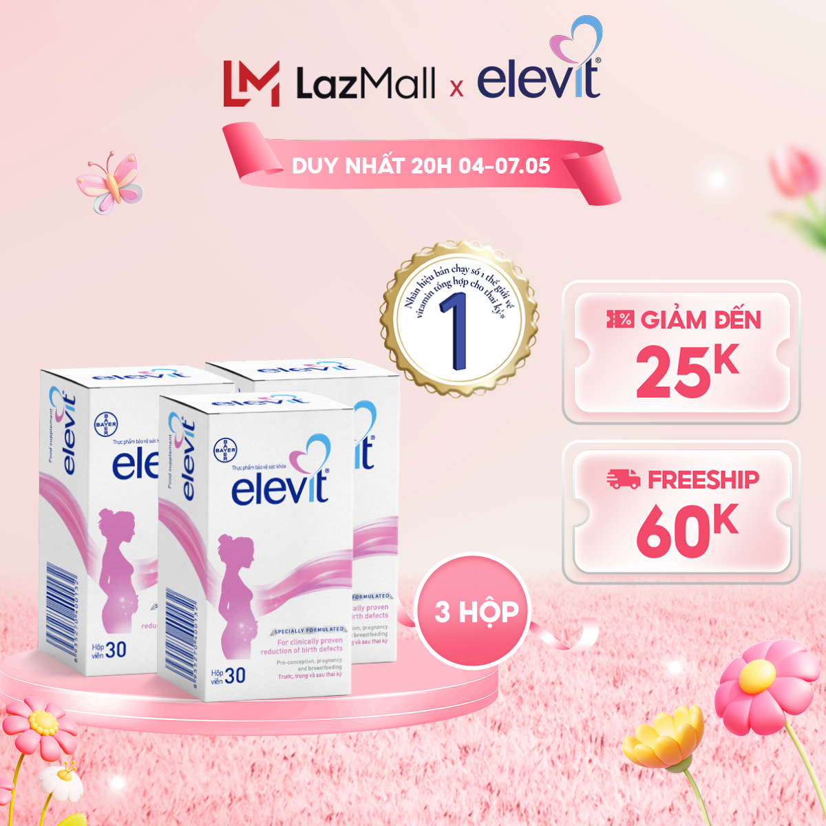 Bộ 3 Hộp Vitamin Bầu Tổng Hợp Elevit Cho Phụ Nữ Trước Trong và Sau Thai Kỳ (30 Viên/ Hộp)