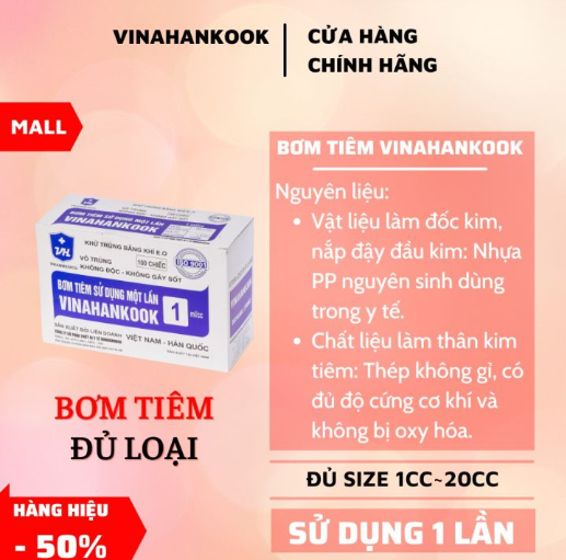 Bơm kim tiêm ống chích sử dụng 1 lần 1cc, 3cc, 5cc, 10cc (Bơm Tiêm Vô Trùng Vinahankook)