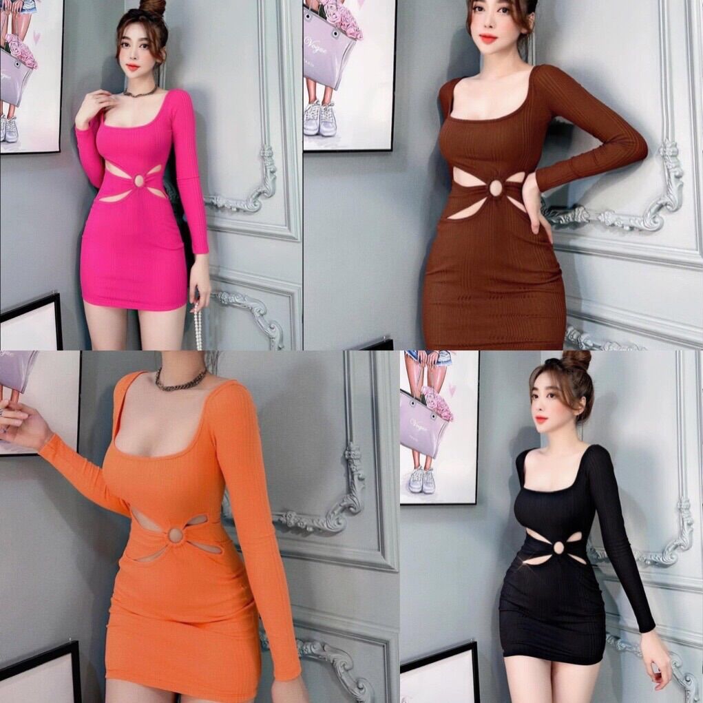 Đầm body cổ vuông tay dài khoét eo kiểu