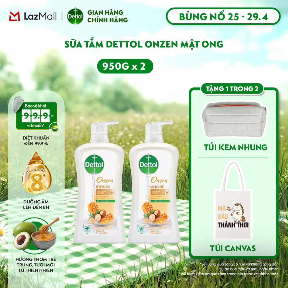 Combo 2 Sữa tắm Dettol Onzen Dưỡng Da Mật Ong Kháng khuẩn Dưỡng Thể 950g