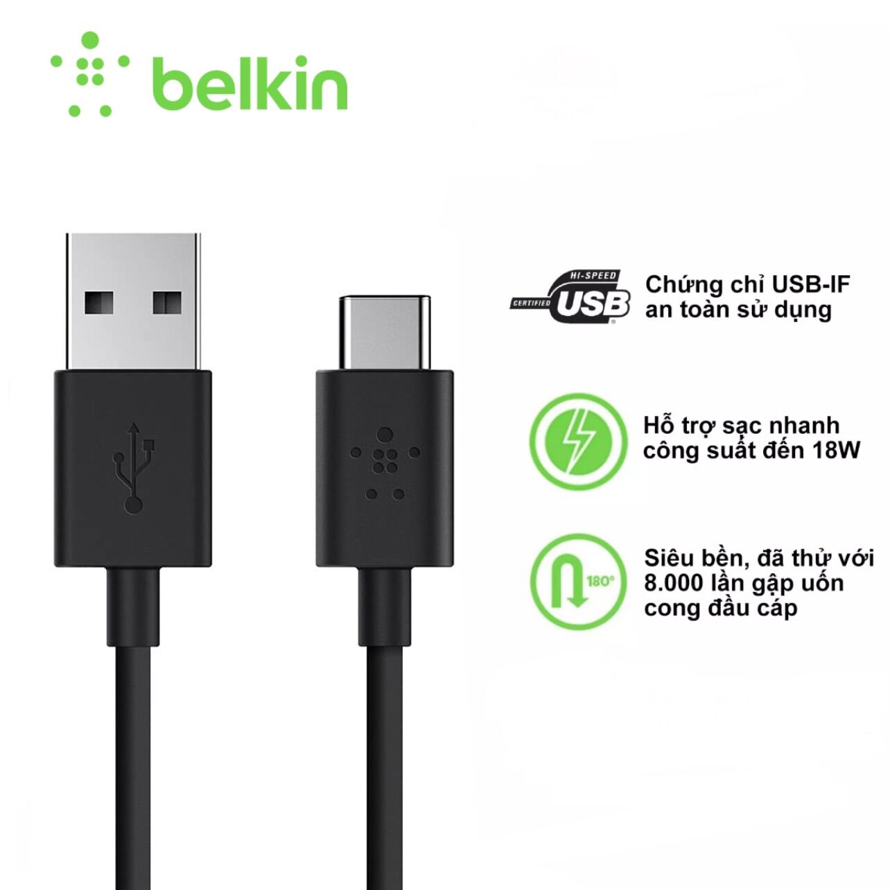 Cáp belkin usb a to type c 1.2m hỗ trợ sạc nhanh chứng chỉ usb-if