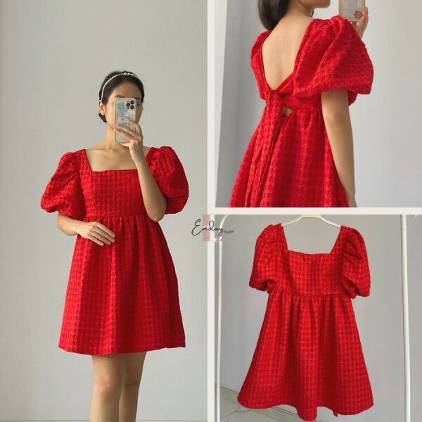 Đầm Babydoll tay phồng cổ vuông hở lưng Emday D01