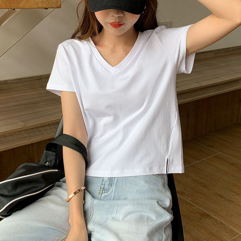 Áo Phông Nữ Ngắn Tay Kiểu Instagram Phong Cách Hàn Quốc, Trang Phục Mùa Hè Cotton, Áo Tay Lửng Kiểu Ngắn Tôn Dáng Dễ Phối Màu Trắng Xẻ Tà Thiểu Số Cổ Chữ V