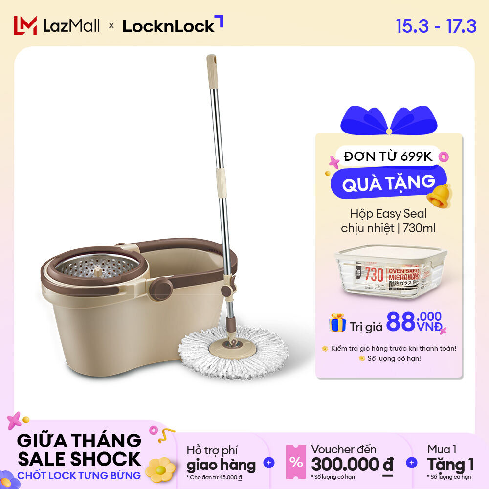 Bộ cây lau nhà vắt 360 độ Lock&Lock Compact Spin Mop - ETM466 - Màu nâu - Thép không gỉ - Hàng chính