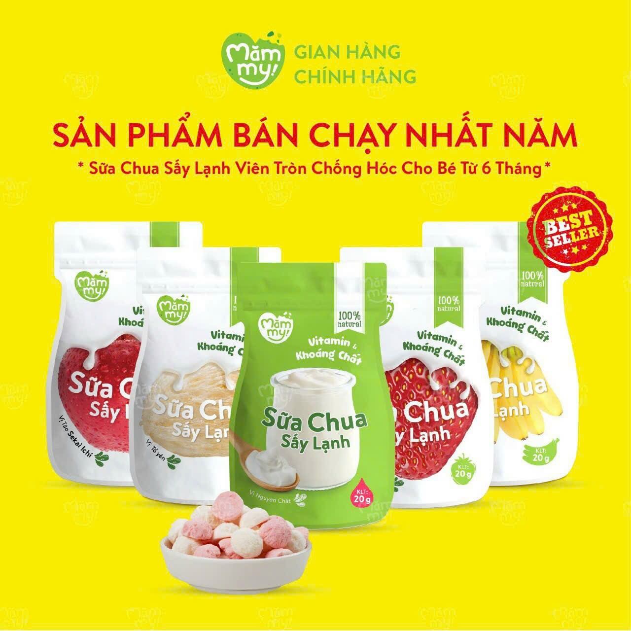 Bánh sữa chua Mămmy sấy đủ vị: nguyên chất, táo, tổ yến, dâu, chuối cho bé từ 6 tháng tuổi - 20 gram dành cho bé ăn dặm