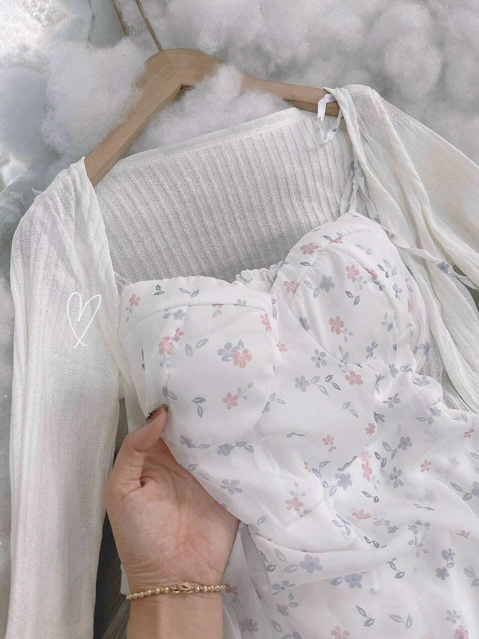 SET ĐẦM 2S HOA PASTEL XẺ TÀ VOI ÁO KHOÁC(CÓ MÚT NGỰC)