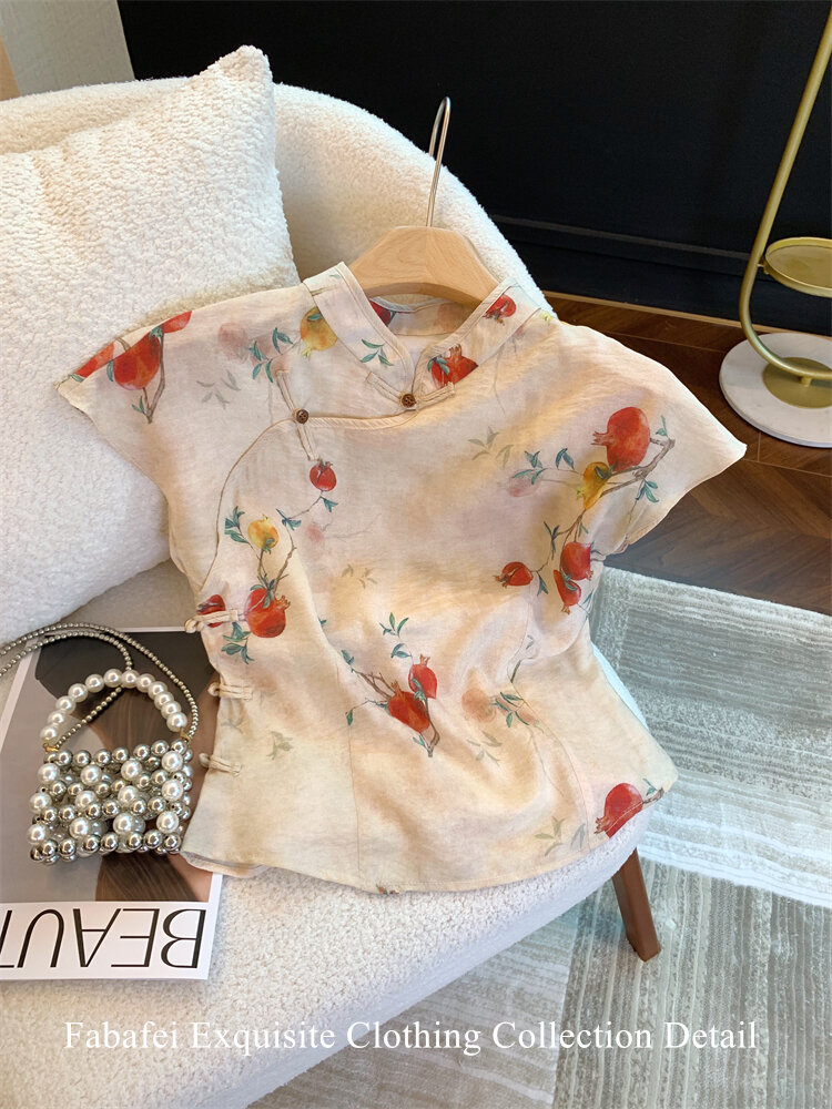 Áo Blouse Kiểu Trung Quốc Cổ Tròn Hoa Tay Ngắn