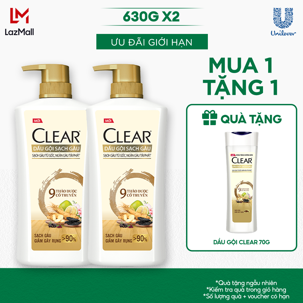 Combo 2 Dầu Gội CLEAR 9 Thảo Dược Cổ Truyền Sạch Gàu Giảm Gãy Rụng 630G x 2