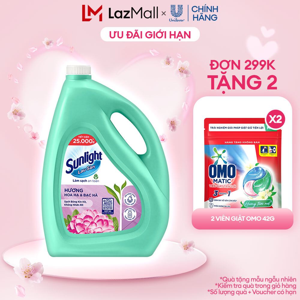 Nước lau sàn Sunlight Hoa Hạ & Bạc Hà Chai 3.6kg | Tinh dầu Thảo mộc 100% | Hương thơm tươi mát