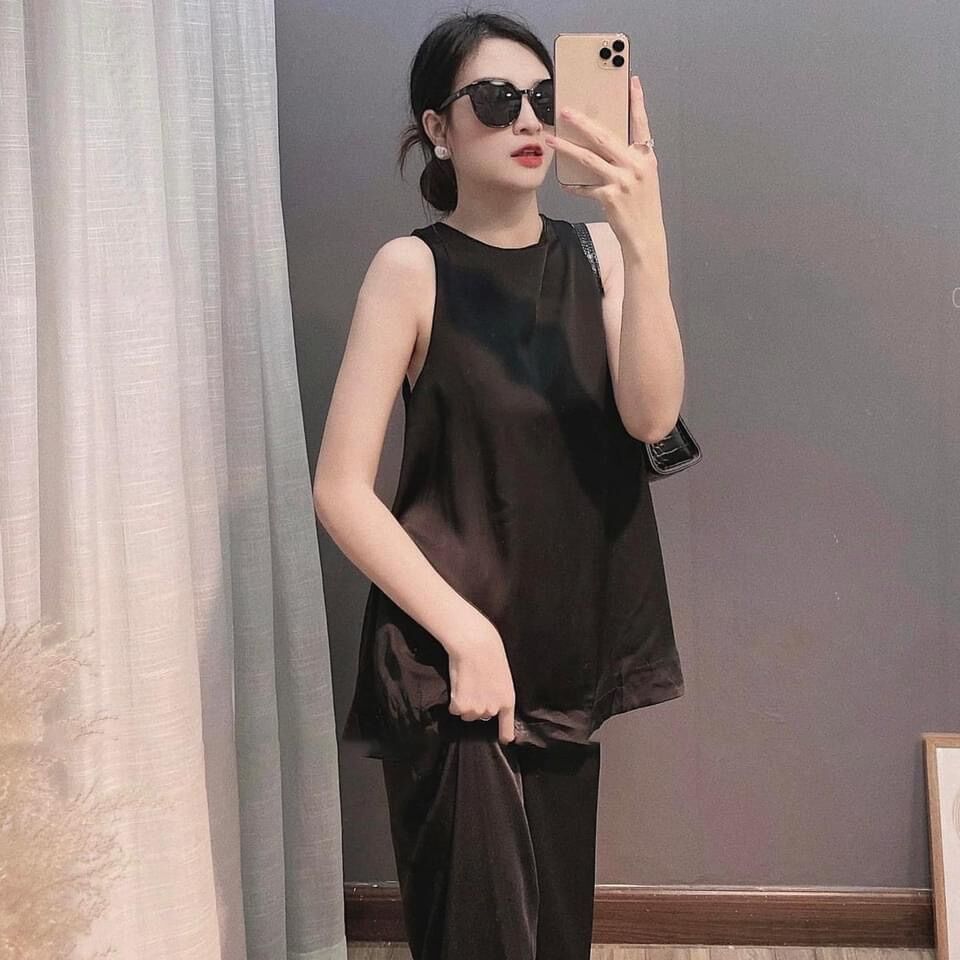 Set đồ bộ lụa sát nách quần dài khoét lưng