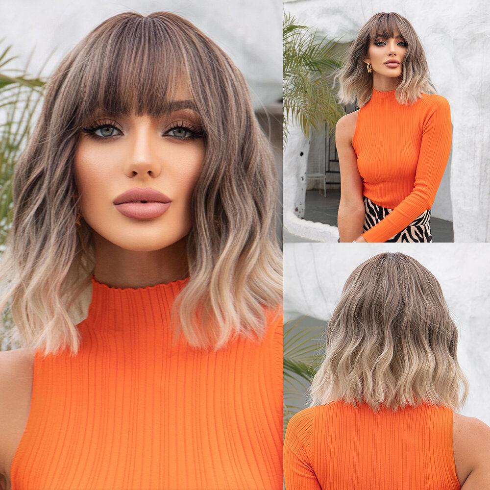 Haircube ngắn tóc giả bob với nổ tổng hợp màu hồng lượn sóng cosplay chiều dài vai hàng ngày nhiều màu sắc permed họa tiết trung bình dành cho nữ