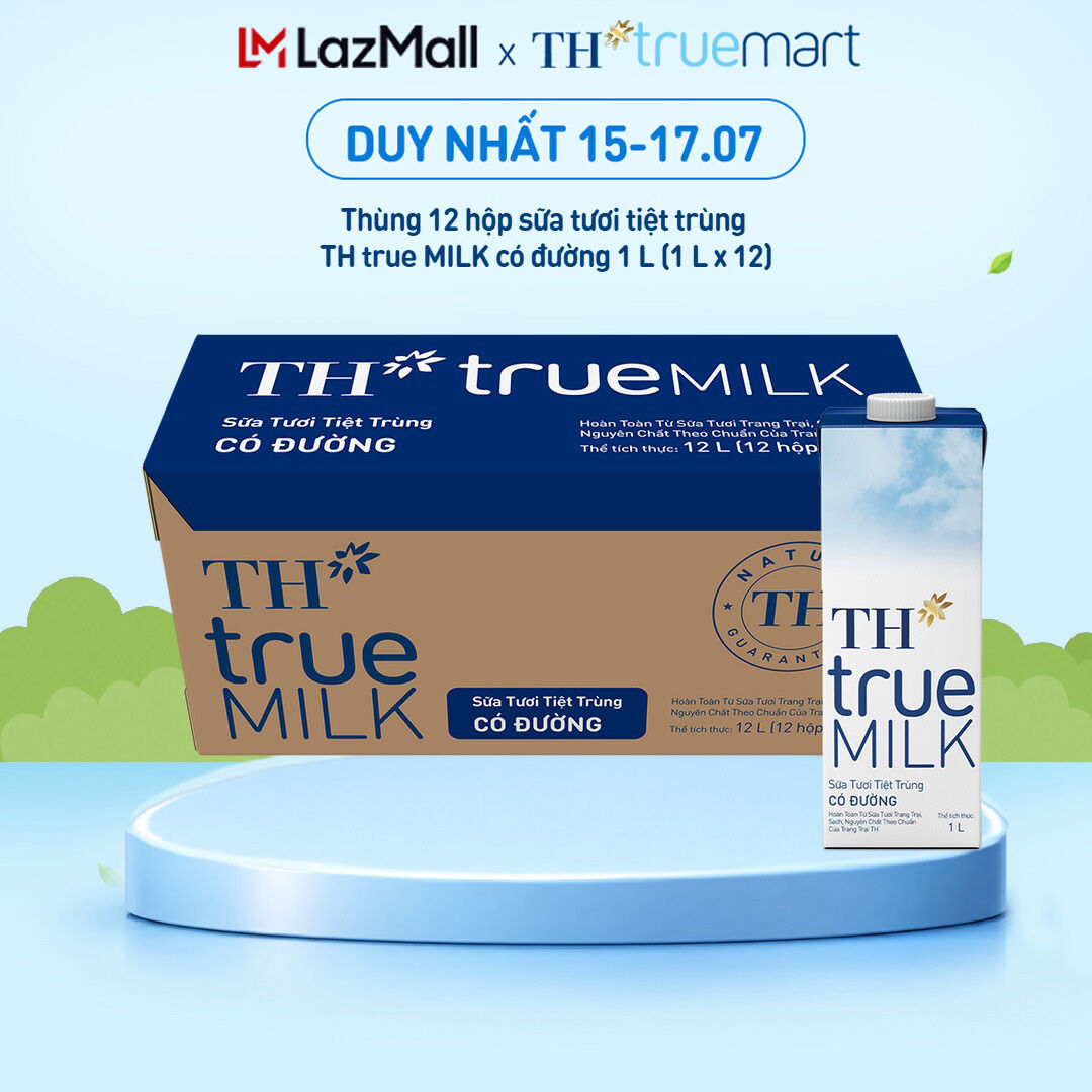 Thùng 12 hộp sữa tươi tiệt trùng TH true MILK có đường 1 L (1 L x 12)