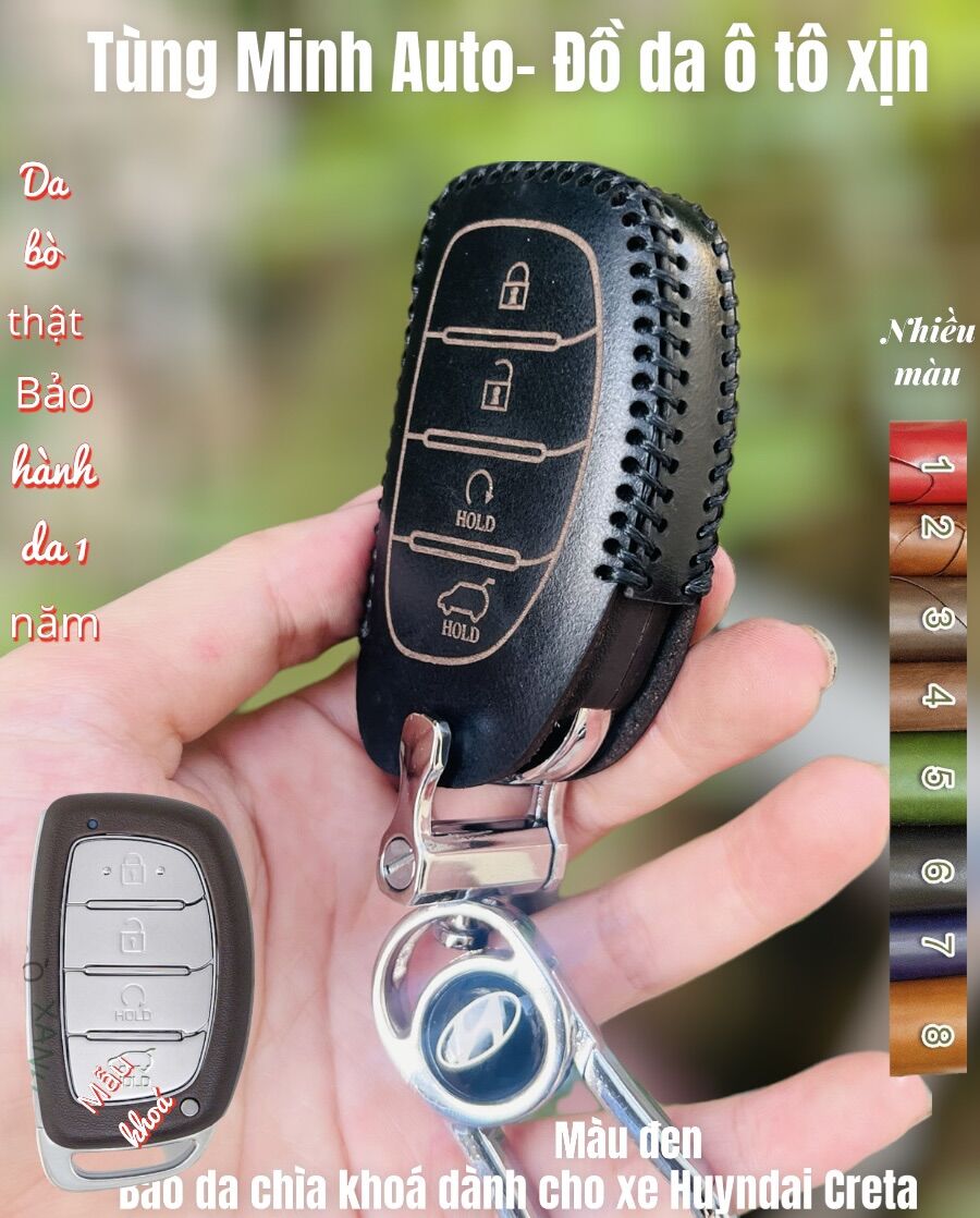 Bao da móc chìa khoá huyndai Creta khâu tay