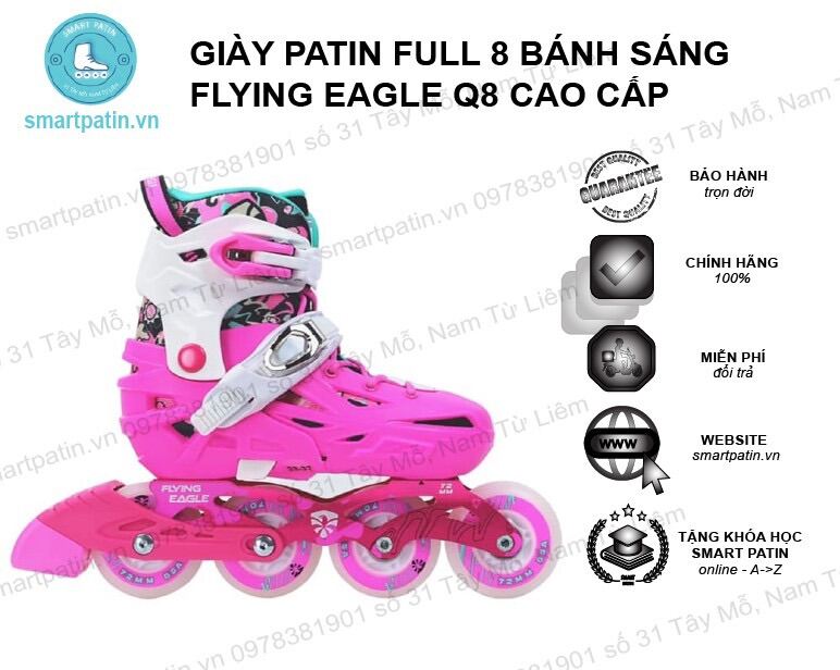 Giày patin Flying Eagle Q8 hồng full 8 bánh sáng chính hãng cao cấp