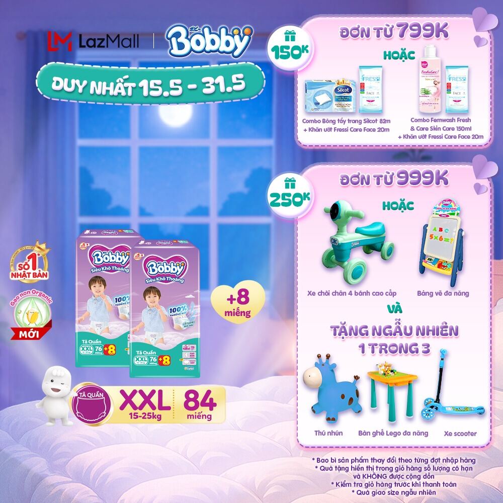 Combo 2 Tã/bỉm quần Bobby 3mm Gạo non XXL76