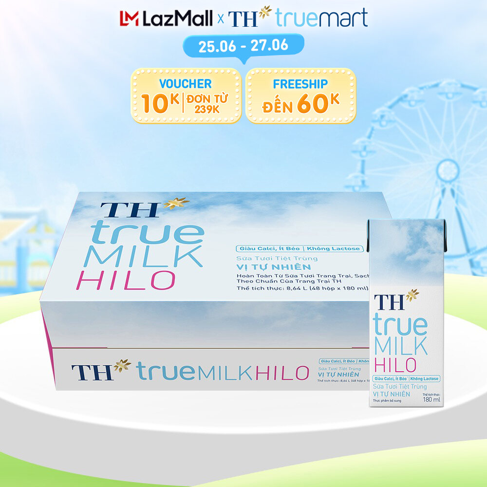 Thùng 48 hộp sữa tươi tiệt trùng TH True Milk HILO 180ml (180ml x 48)