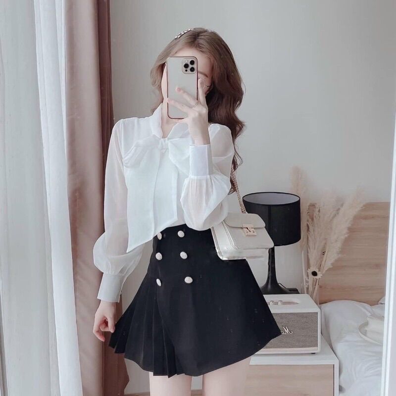 Áo sơ mi cổ nơ tiểu thư