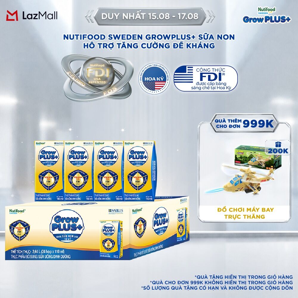 Thùng 24 hộp Sữa Bột Pha Sẵn Nutifood GrowPLUS+ Sữa Non (Vàng) - Hỗ Trợ Tăng Cường Đề Kháng 110ml