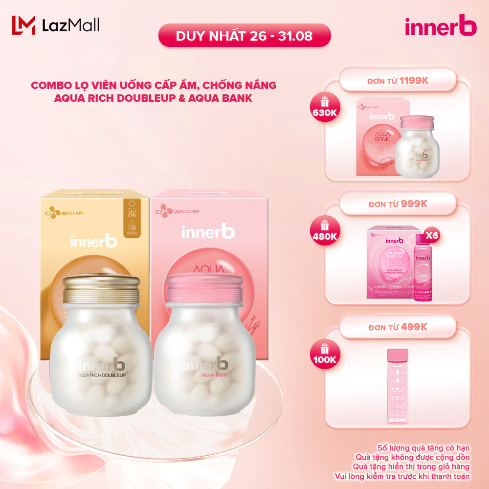Bộ đôi thực phẩm bảo vệ sức khỏe giữ ẩm da sáng mịn từ Axit Hyaluronic InnerB (Aqua Rich Doubleup + Aqua Bank)
