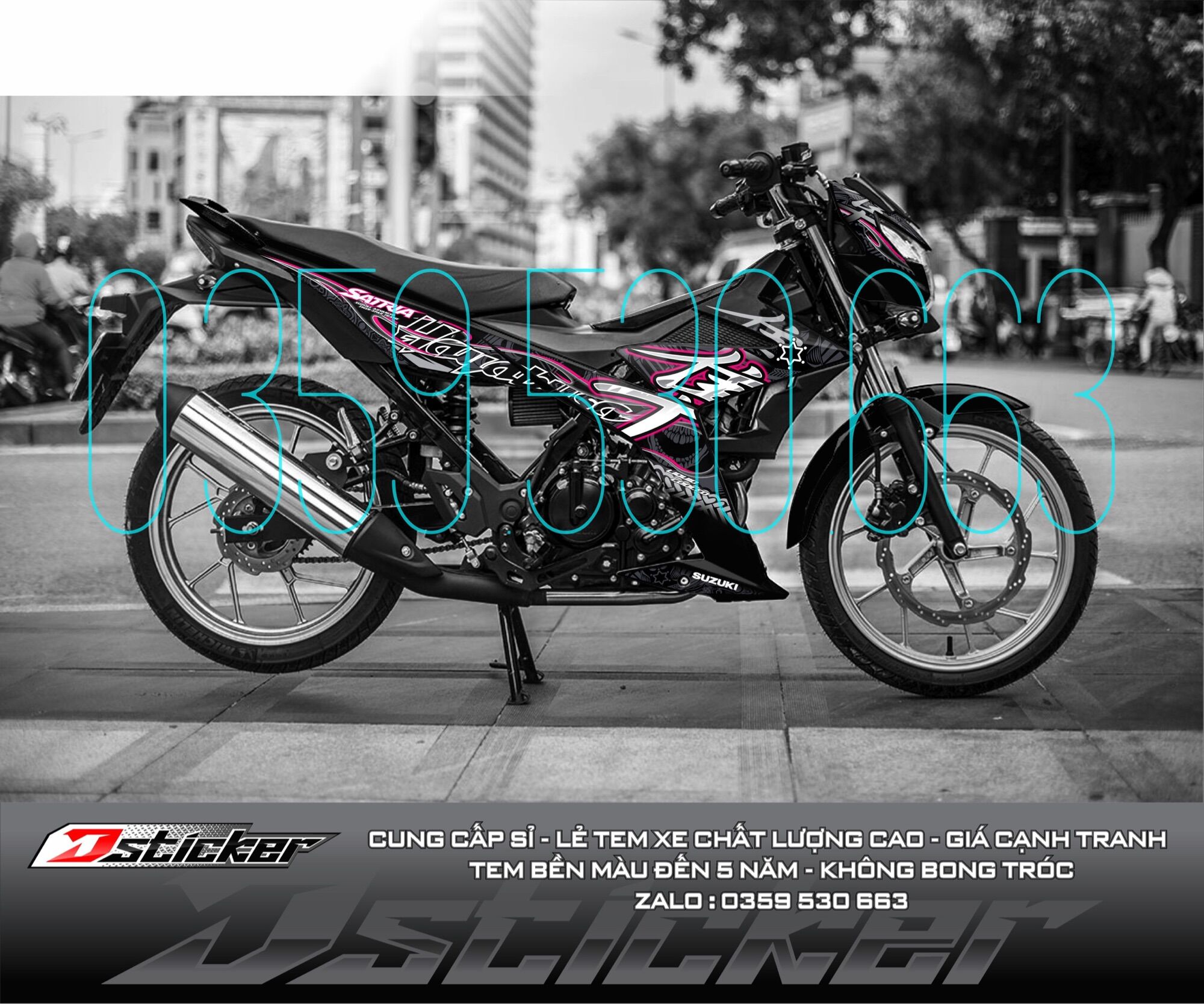 Tem Hayabusa hồng dán xe đen - Satria - tem rời