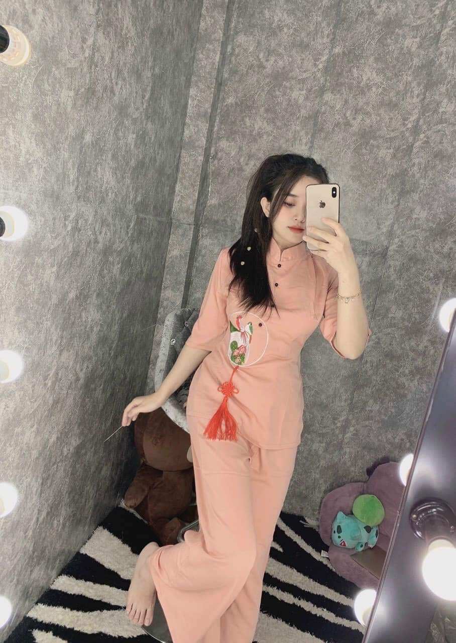 Đồ lam đi chùa - mẫu nữ lua thêu ngọc bội cao cấp