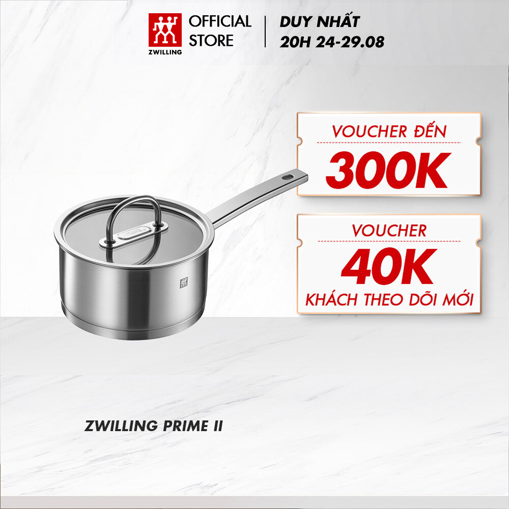 Nồi quánh zwilling prime ii, size 16cm /18cm , thép không gỉ, không tráng phủ, nắp kính khóa ẩm