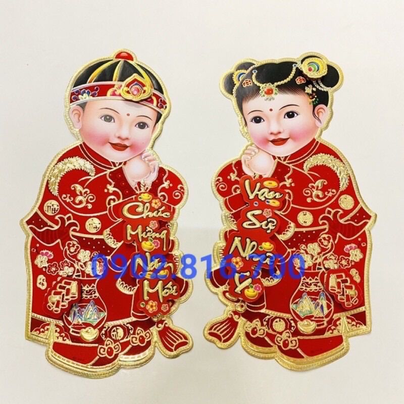 Hình dán hai em bé tiên đồng ngọc nữ trang trí tết 90cm