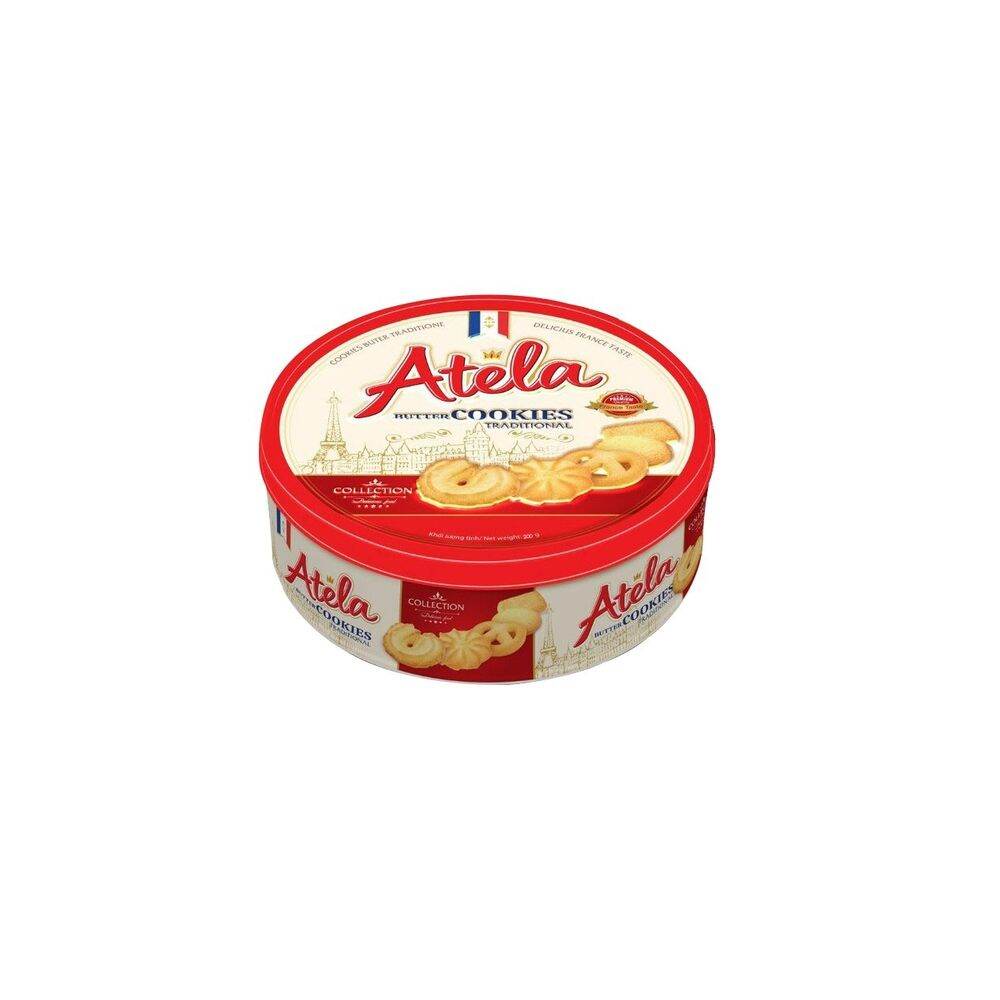 1 Hộp Bánh Atela quy bơ hộp thiếc 200g , bánh làm giỏ quà, tháp lễ....