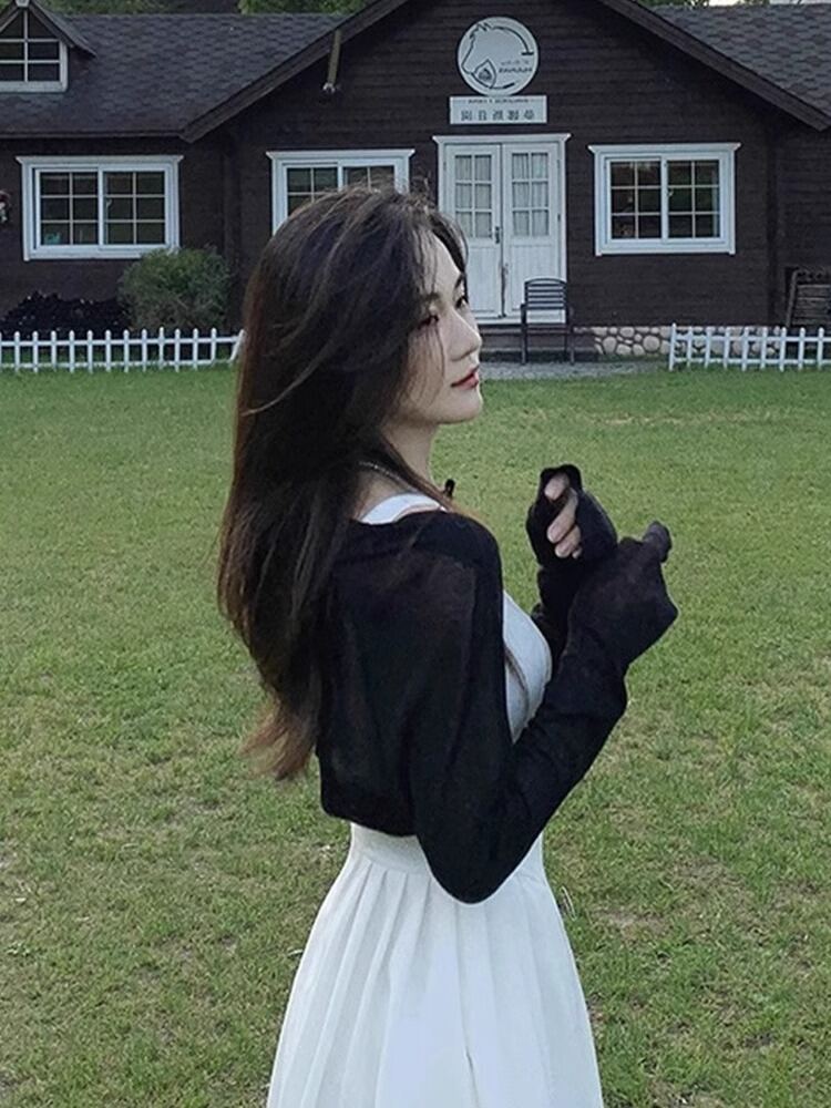 Áo Len Cardigan Dệt Kim Lụa Đen Ngắn Chống Nắng Cho Nữ Mùa Hè Mỏng Áo Khoác Ngoài Khăn Choàng Che Má