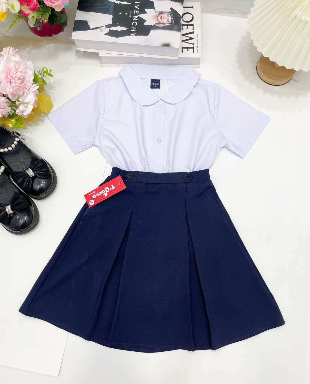 Áo sơ mi trắng nữ học sinh đồng phục học sinh bé gái cấp 1 cấp 2, sơ mi cổ sen, đồ đi học tiểu học