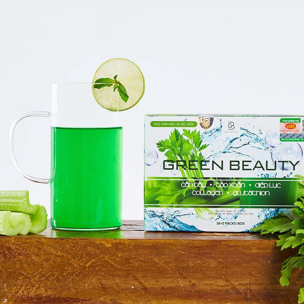 Nước Ép Cần Tây, Tảo Xoắn, Diệp Lục, Collagen, Glutathion Green Beauty Thành phần: Cần tây, tảo xoắn, diệp lục, collagen, glutathion Đóng gói: Hộp 30+2 gói Bảo quản: Nơi khô ráo, tránh nhiệt độ cao và ánh nắng trực tiếp