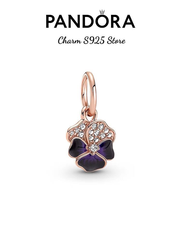 Charm pan ale treo hoa pansy tím vàng hồng đính đá bạc s925